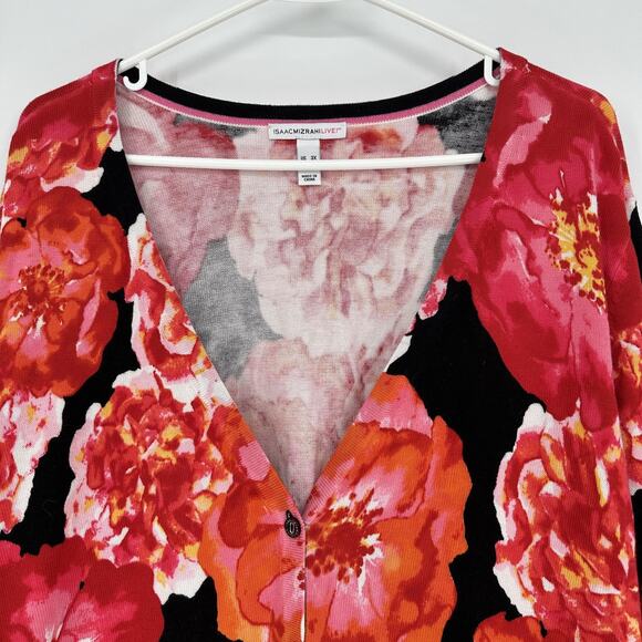 Isaac Mizrahi Live Cardigan Sweater Womens Plus 3X Black Red Floral Button Front - Picture 5 of 9